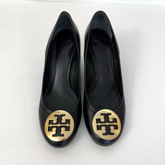 Tory Burch Sally Leather Wedge Pumps Shoes Black Metal Double T Logo 9.5M - Picture 3 of 15